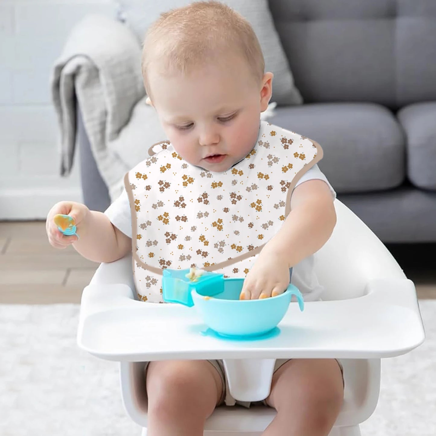 3 Pack Mess Proof Baby Bib with Reversible Pocket, Waterproof Led Weaning Baby Feeding Bibs with Food Catcher