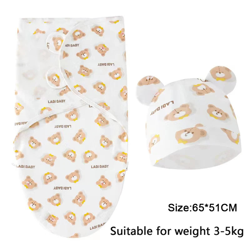Swaddle Blanket: Baby Swaddle Set - Cotton Cartoon Blanket & Hat 0-6 Months
