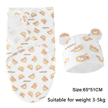 Swaddle Blanket: Baby Swaddle Set - Cotton Cartoon Blanket & Hat 0-6 Months