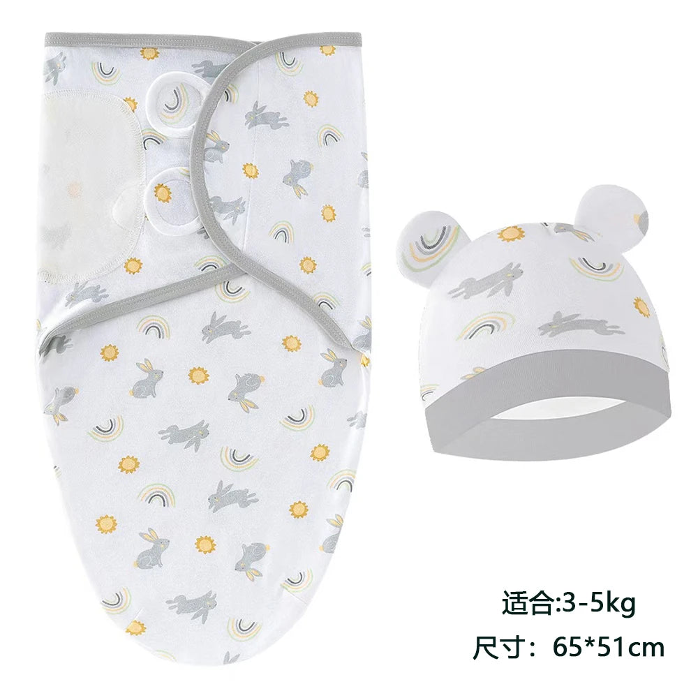 Swaddle Blanket: Baby Swaddle Set - Cotton Cartoon Blanket & Hat 0-6 Months