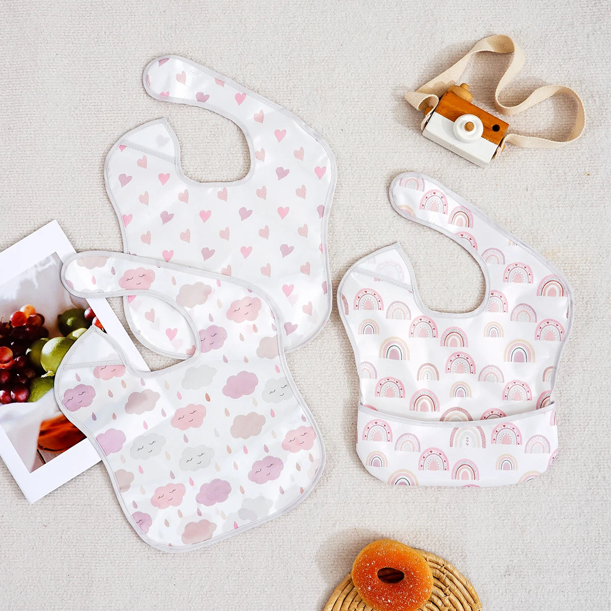 3 Pack Mess Proof Baby Bib with Reversible Pocket, Waterproof Led Weaning Baby Feeding Bibs with Food Catcher