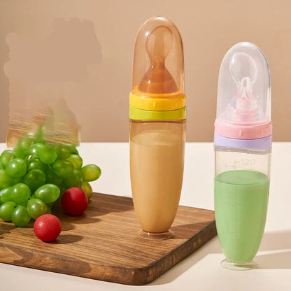 1PCS 120ml Liquid Silicone Feeder, Rice Paste Squeeze Feeding Baby Bottle With Dispensing Spoon