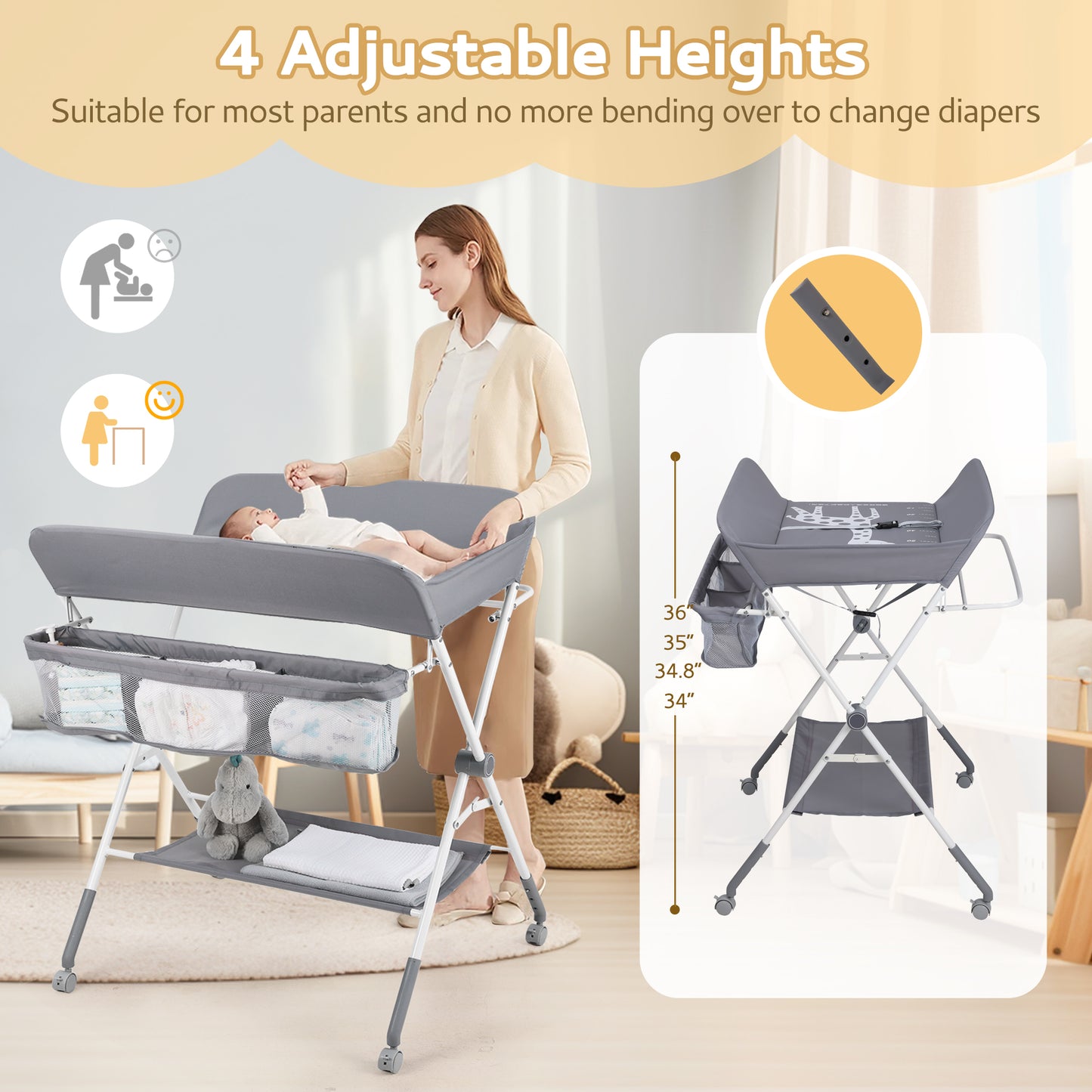 Portable Baby Changing Table with Wheels & Waterproof Design