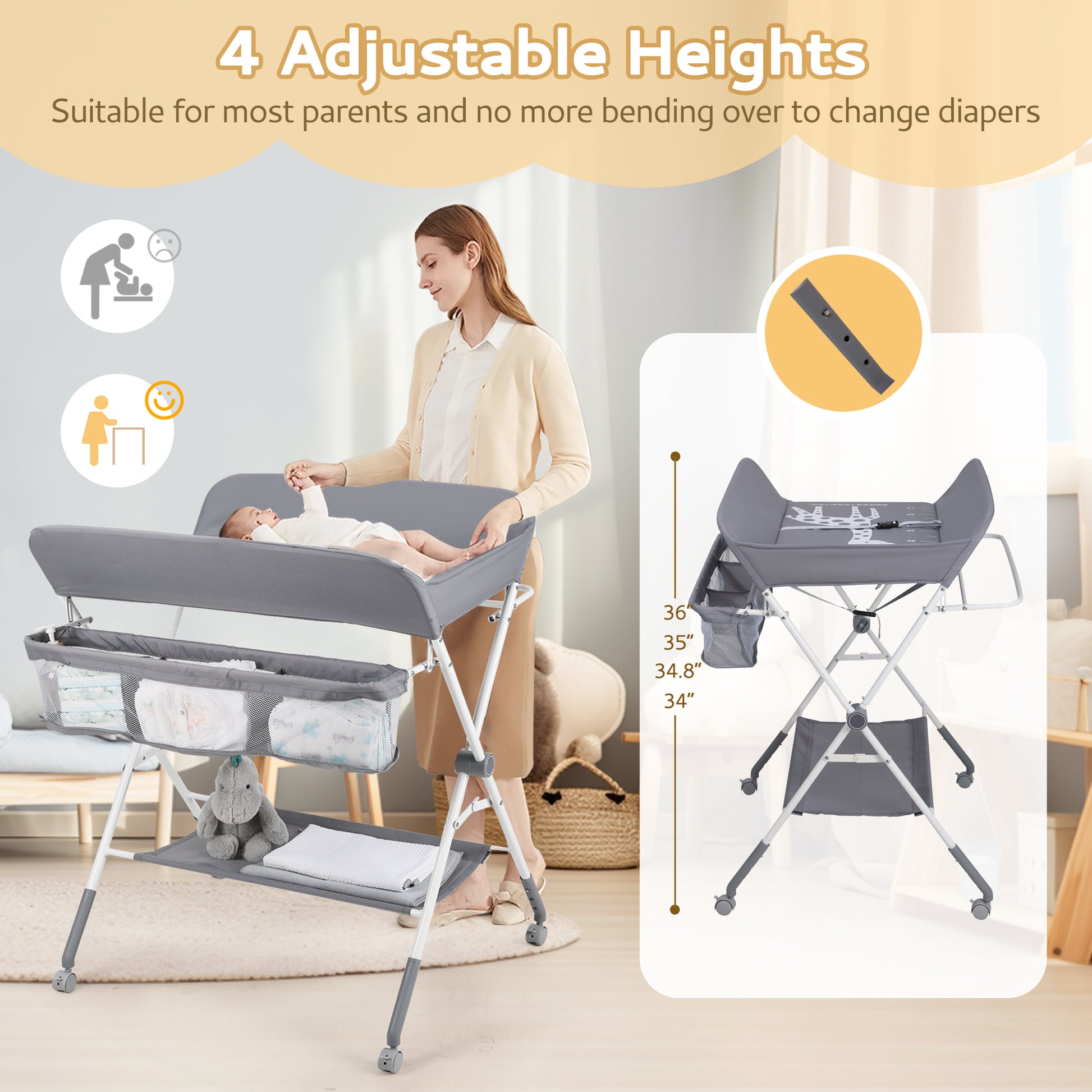 Portable Baby Changing Table with Wheels & Waterproof Design
