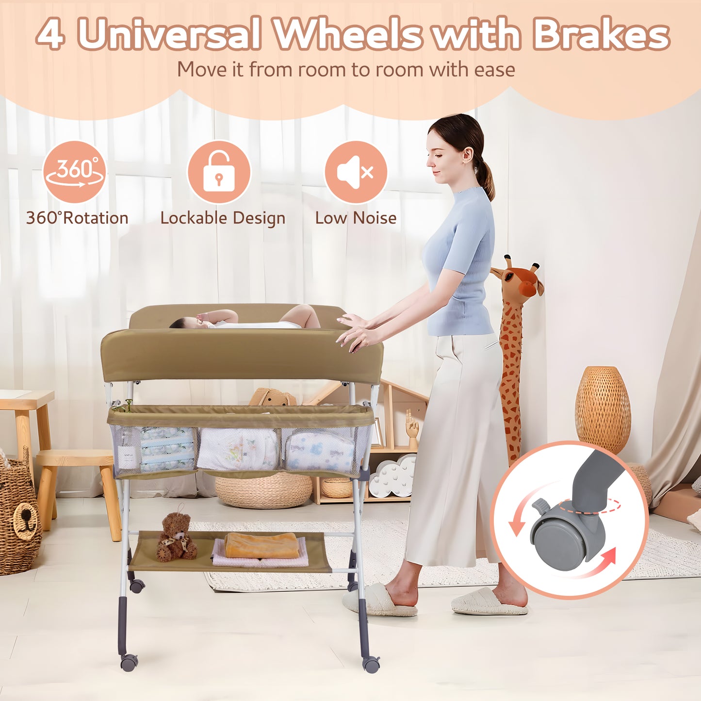 Portable Baby Changing Table with Wheels & Waterproof Design