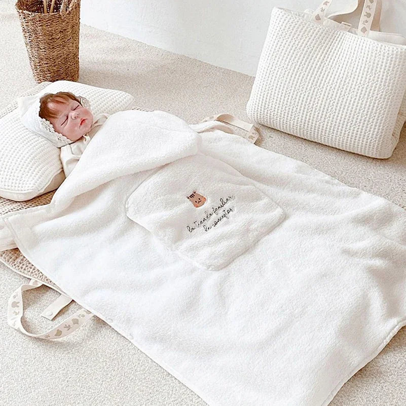 Bear Embroidery Baby Stroller Windproof Blanket Warm Blanket Going Out Portable Strap Blanket