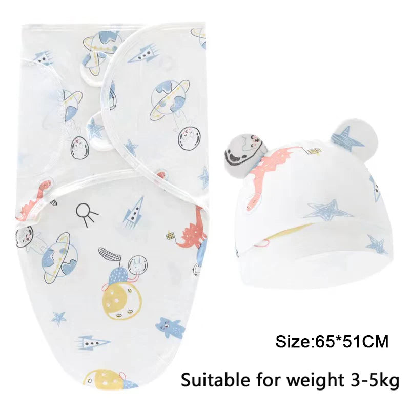 Swaddle Blanket: Baby Swaddle Set - Cotton Cartoon Blanket & Hat 0-6 Months