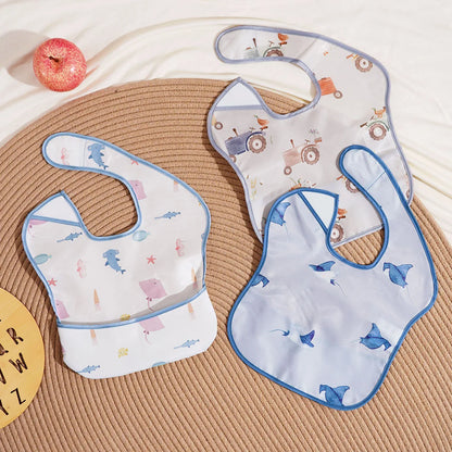 3 Pack Mess Proof Baby Bib with Reversible Pocket, Waterproof Led Weaning Baby Feeding Bibs with Food Catcher
