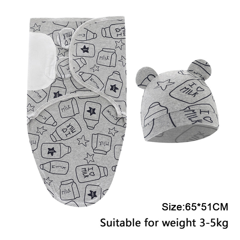 Swaddle Blanket: Baby Swaddle Set - Cotton Cartoon Blanket & Hat 0-6 Months