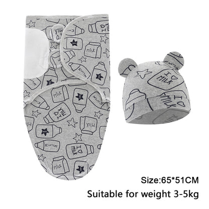 Swaddle Blanket: Baby Swaddle Set - Cotton Cartoon Blanket & Hat 0-6 Months