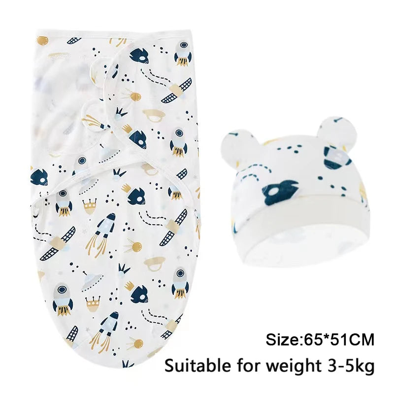 Swaddle Blanket: Baby Swaddle Set - Cotton Cartoon Blanket & Hat 0-6 Months